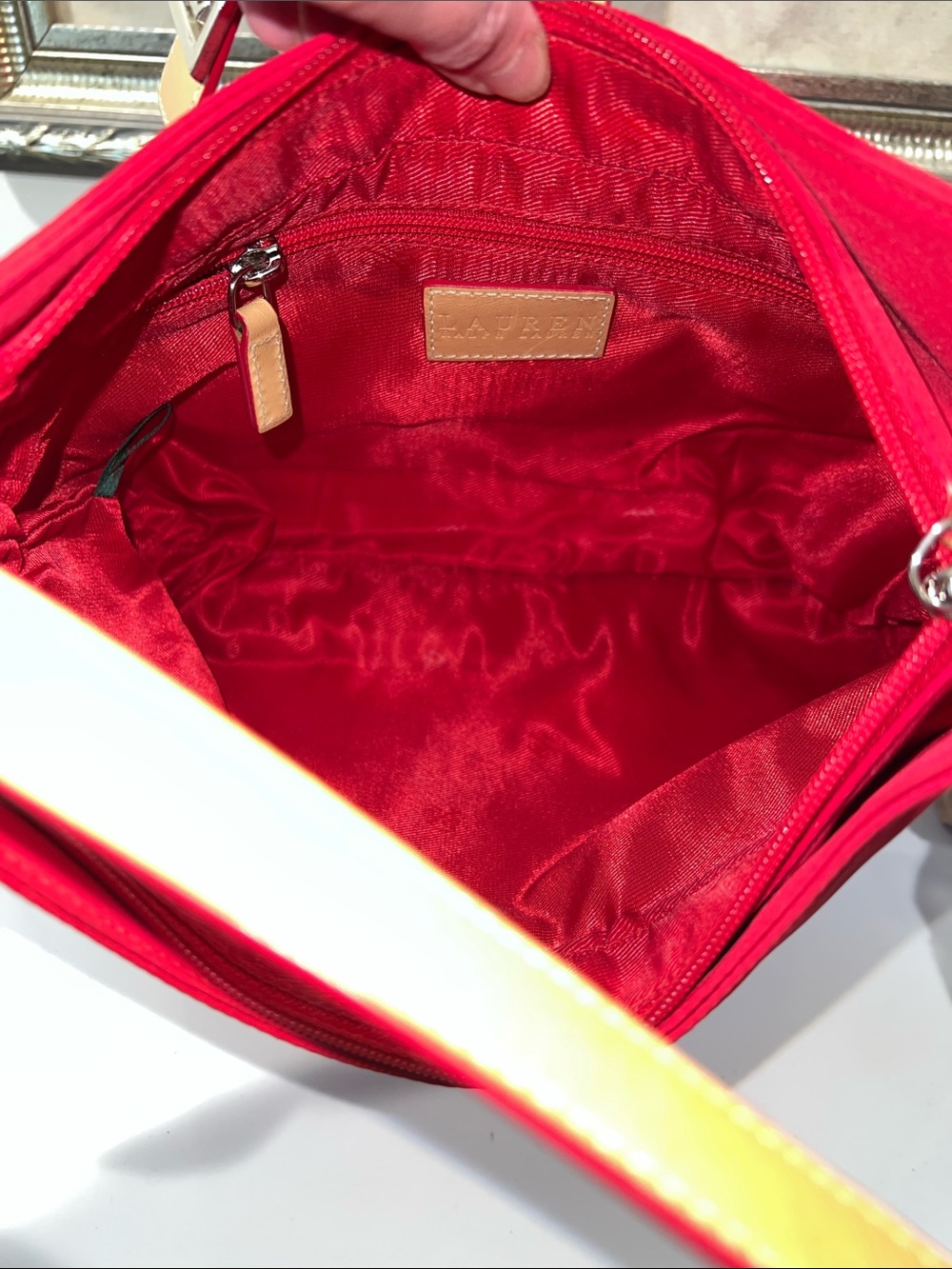 Lauren Ralph Lauren Red Shoulder Bag with Tan Strap - Picture 13 of 15